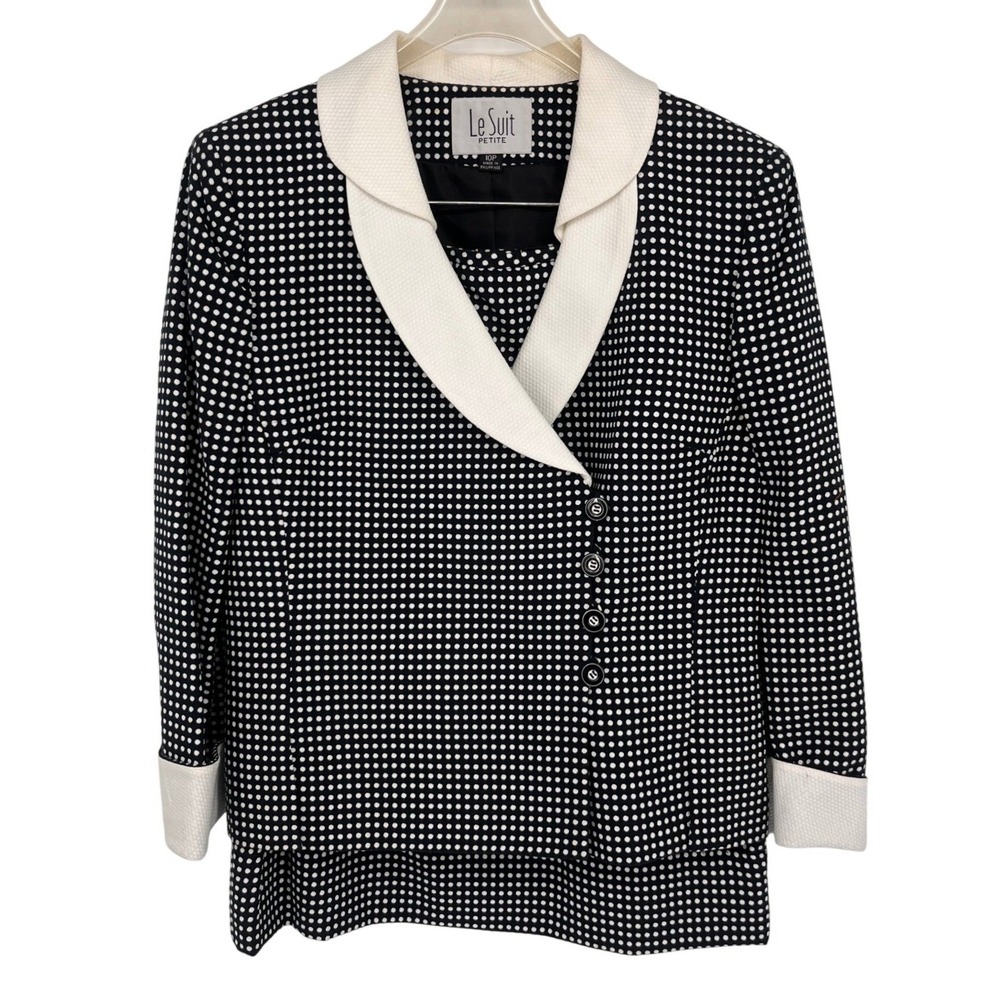 Vintage Le Suit Blazer‎ Skirt Suit Set Size 10 Petite Black White Polka Dot Chic
